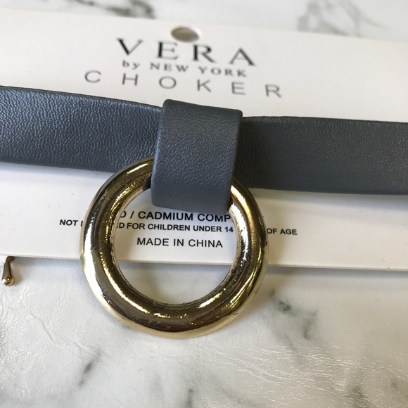 Grey Gold Hoop Medallion Leather Choker Necklace - Picture 3 of 7